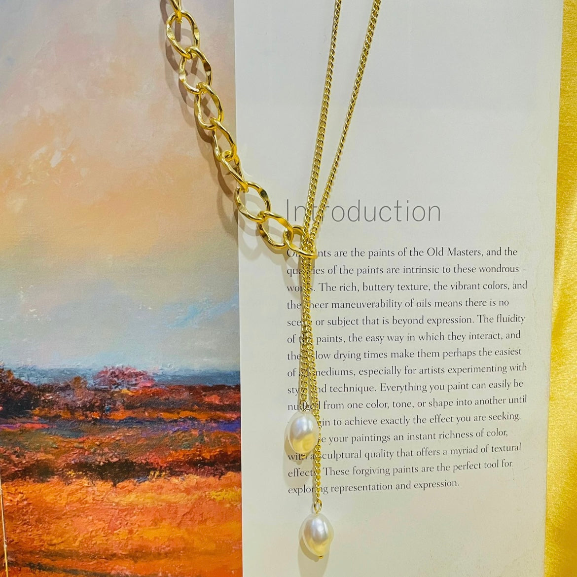 Salve Half Wide Curb Chain Half Minimal Curb Chain Drop Pearls Adjustable Lariat Gold Necklace SALVE