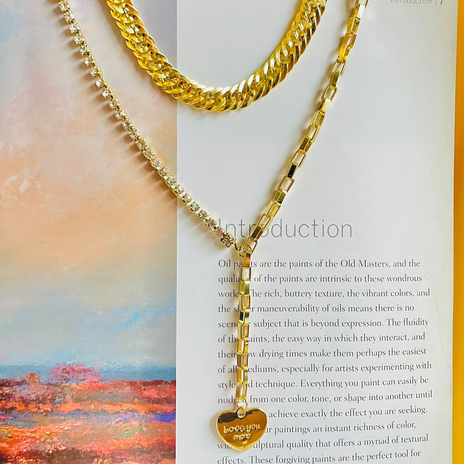 Salve ‘Love You More’ Heart Pendant Double-Layered Half Crystal Half Chain Link Curb Chain Gold Necklace SALVE