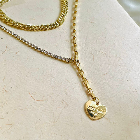 Salve ‘Love You More’ Heart Pendant Double-Layered Half Crystal Half Chain Link Curb Chain Gold Necklace SALVE