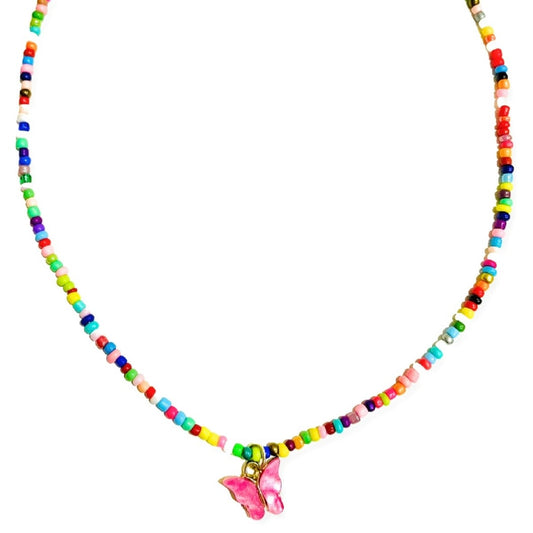 Salve Pink Butterly Charm Multicolour Beaded Chain Necklace SALVE