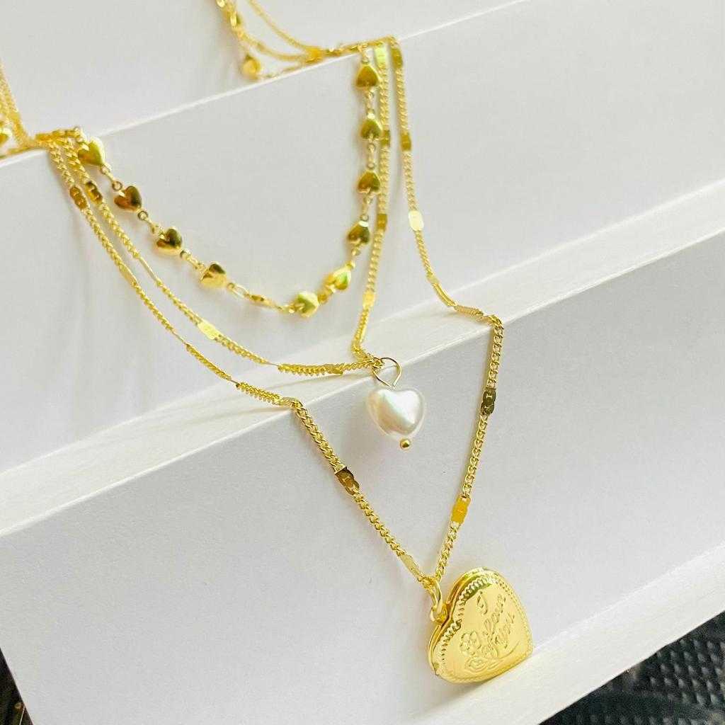 Salve Tri-Layered Little Hearts Pearl Heart ‘I love you’ Photograph Heart Pendant Dainty Chain Gold Multi - Layered Necklace SALVE