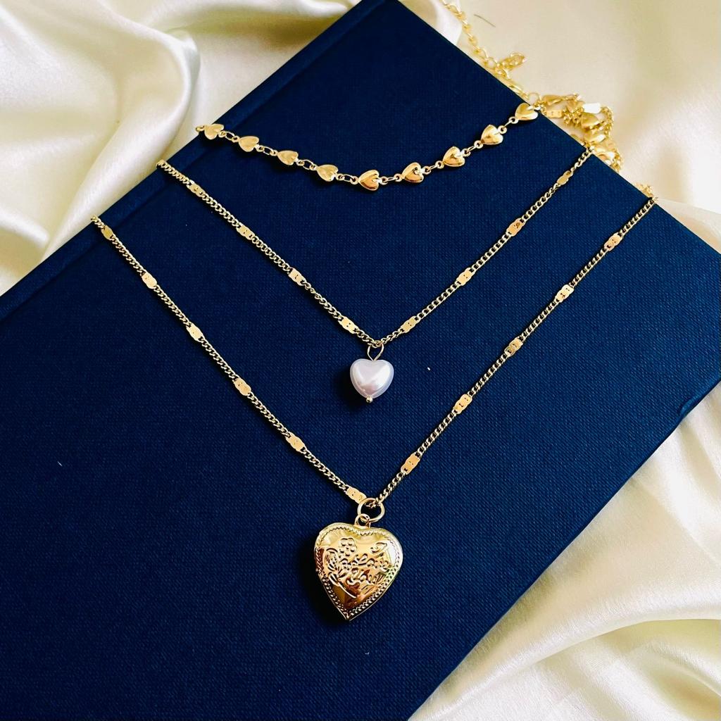 Salve Tri-Layered Little Hearts Pearl Heart ‘I love you’ Photograph Heart Pendant Dainty Chain Gold Multi - Layered Necklace SALVE
