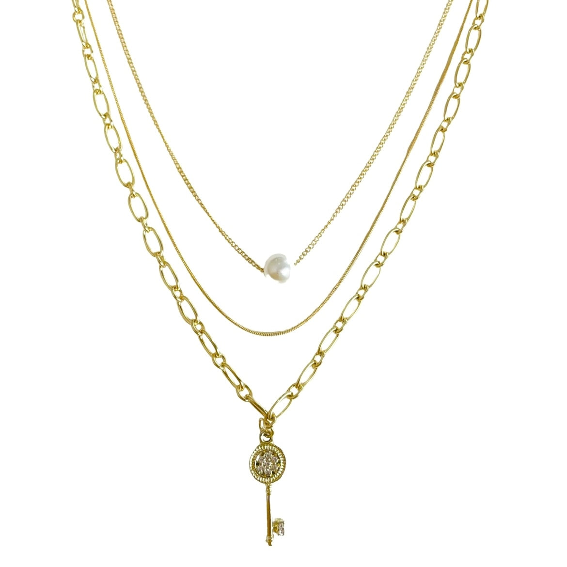 Salve Tri-Layered Pearl Curb Chain Snake Chain Key Pendant Charm Gold Necklace SALVE