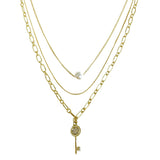 Salve Tri-Layered Pearl Curb Chain Snake Chain Key Pendant Charm Gold Necklace SALVE
